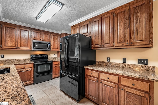103 Farming Creek Dr, Simpsonville, SC 29680 - kitchen featuring black appliances, a textured ceiling, brown cabinets, light tile patterned flooring, and ornamental molding