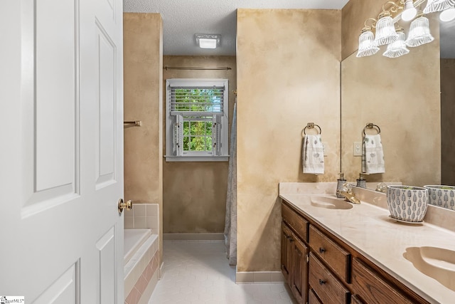 103 Farming Creek Dr, Simpsonville, SC 29680 - bathroom with double vanity, a chandelier, tile patterned floors, a textured ceiling, and baseboards