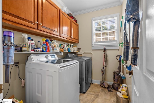 449 Crepe Myrtle Dr, Greer, SC 29651 - washroom featuring crown molding, cabinet space, washing machine and dryer, and baseboards