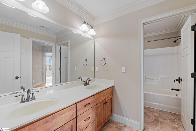 6 Niagara Pl, Simpsonville, SC 29681 - full bathroom featuring double vanity, bathing tub / shower combination, baseboards, and ornamental molding
