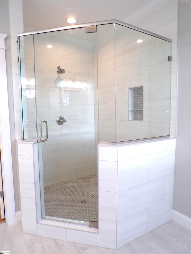 291 Robbins Rd, Chesnee, SC 29323 - bathroom with a stall shower, baseboards, and recessed lighting
