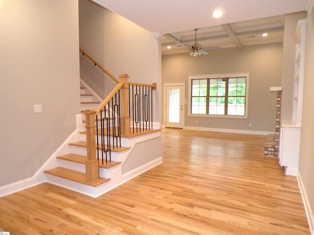 291 Robbins Rd, Chesnee, SC 29323 - staircase featuring ceiling fan, coffered ceiling, wood finished floors, recessed lighting, and baseboards