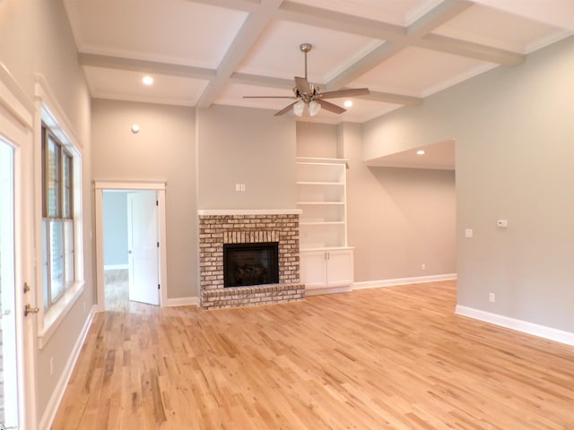 291 Robbins Rd, Chesnee, SC 29323 - unfurnished living room with ceiling fan, light wood-type flooring, beam ceiling, coffered ceiling, and recessed lighting