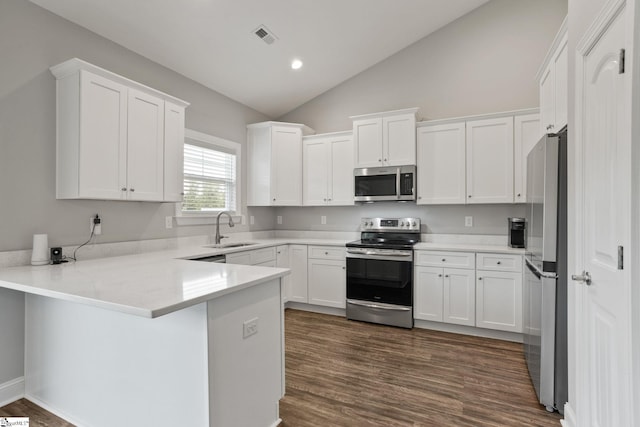 723 Mile Creek Rd, Pickens, SC 29671 - kitchen with stainless steel appliances, a sink, a peninsula, white cabinetry, and lofted ceiling