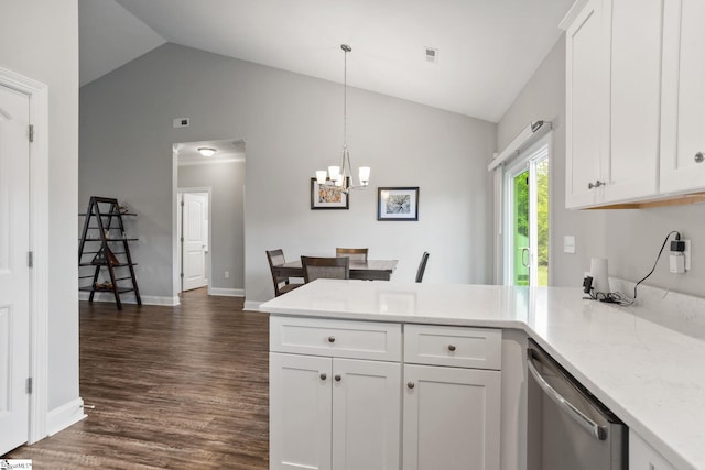 723 Mile Creek Rd, Pickens, SC 29671 - kitchen with stainless steel dishwasher, a peninsula, a chandelier, dark wood-style floors, and white cabinetry