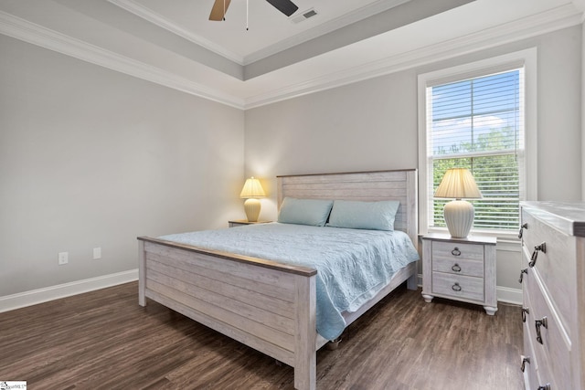 723 Mile Creek Rd, Pickens, SC 29671 - bedroom with dark wood finished floors, baseboards, crown molding, ceiling fan, and a tray ceiling