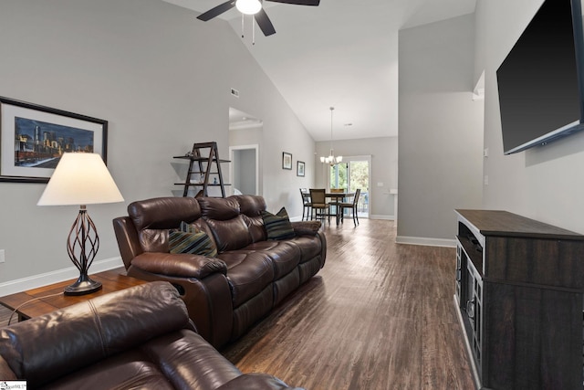 723 Mile Creek Rd, Pickens, SC 29671 - living area with a ceiling fan, dark wood-style flooring, high vaulted ceiling, a chandelier, and baseboards