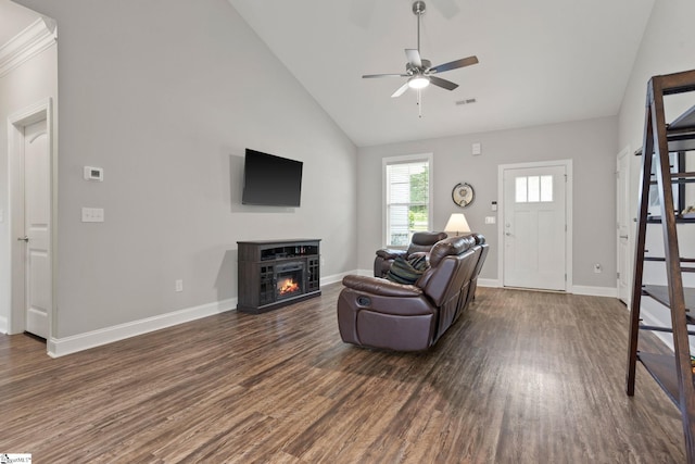 723 Mile Creek Rd, Pickens, SC 29671 - living area with stairs, dark wood-style flooring, a ceiling fan, a warm lit fireplace, and baseboards