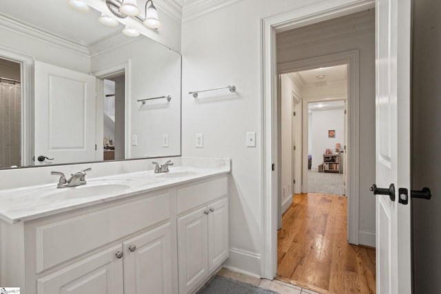 1 Riverstone Way, Greer, SC 29651 - full bath with double vanity, ornamental molding, baseboards, and wood finished floors