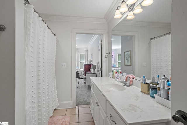 1 Riverstone Way, Greer, SC 29651 - full bath featuring vanity, ornamental molding, tile patterned flooring, a chandelier, and baseboards