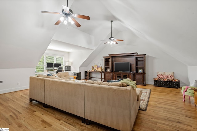 1 Riverstone Way, Greer, SC 29651 - living room with lofted ceiling, ceiling fan, light wood-style flooring, and baseboards