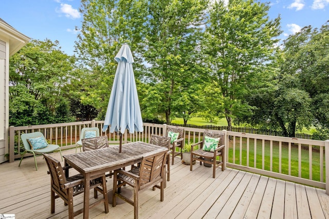 1 Riverstone Way, Greer, SC 29651 - wooden terrace featuring outdoor dining space and view of wooded area