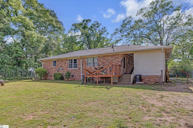 273 Cedar Springs Rd, Spartanburg, SC 29302 - rear view of house with a wooden deck, brick siding, stairs, and roof with shingles
