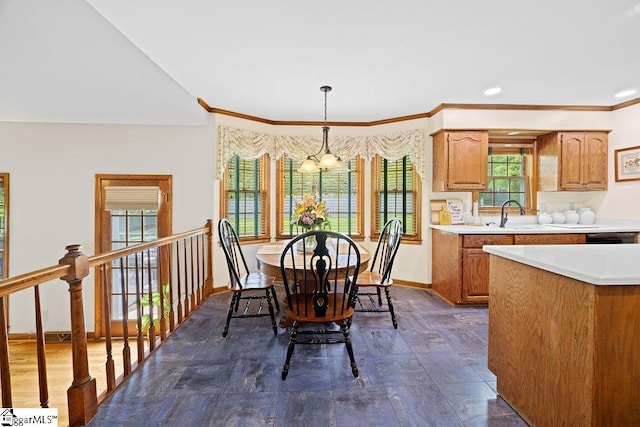 3 Staten Ln, Taylors, SC 29687 - dining area featuring baseboards, a chandelier, and crown molding