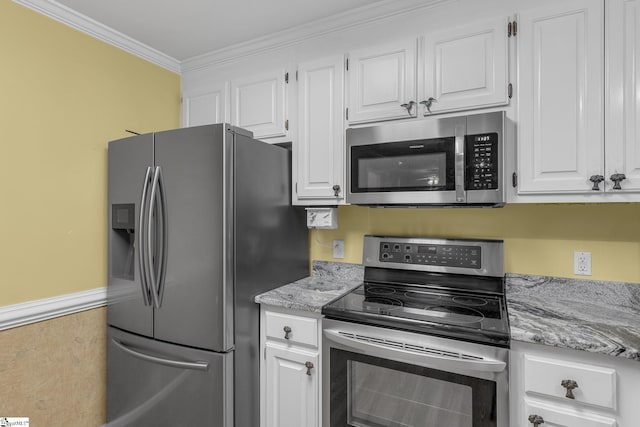 411 Wild Horse Creek Dr, Simpsonville, SC 29680 - kitchen featuring appliances with stainless steel finishes, white cabinetry, crown molding, and light stone countertops