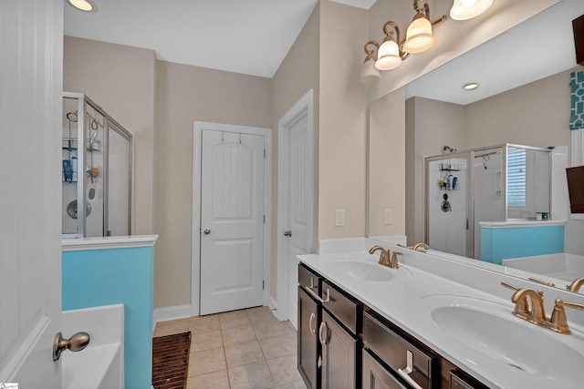 201 Wiscasset Way, Greenville, SC 29615 - full bathroom with a shower stall, a garden tub, double vanity, and tile patterned flooring