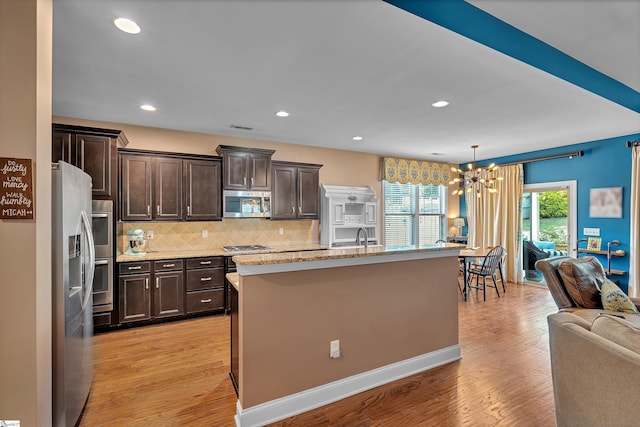 201 Wiscasset Way, Greenville, SC 29615 - kitchen with stainless steel appliances, open floor plan, dark brown cabinets, a chandelier, and tasteful backsplash