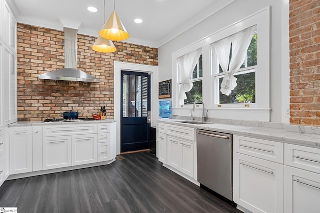 227 S Main St, Anderson, SC 29654 - kitchen with dishwasher, a sink, brick wall, crown molding, and dark wood-type flooring