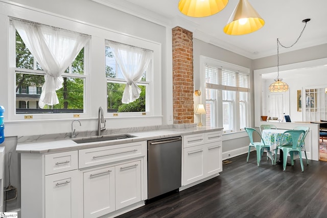 227 S Main St, Anderson, SC 29654 - kitchen featuring dishwasher, a sink, dark wood-type flooring, crown molding, and white cabinets