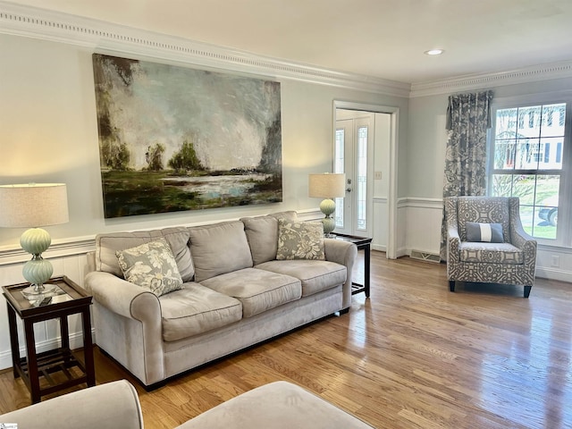 207 White Water Ct, Greer, SC 29650 - living room featuring crown molding, wood finished floors, a wainscoted wall, and recessed lighting