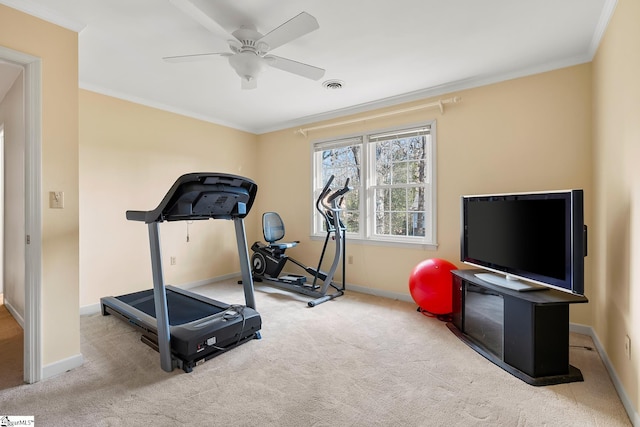 207 White Water Ct, Greer, SC 29650 - exercise room with crown molding, a ceiling fan, carpet, and baseboards