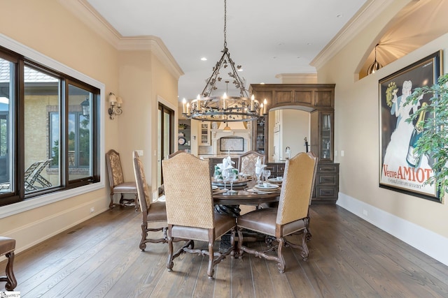58 Wild Ginger Rd, Landrum, SC 29356 - dining space featuring a chandelier, hardwood / wood-style floors, crown molding, baseboards, and recessed lighting