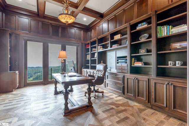 58 Wild Ginger Rd, Landrum, SC 29356 - office area with beam ceiling, a decorative wall, recessed lighting, built in study area, and wooden walls
