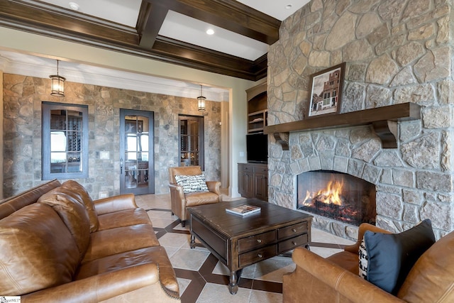 58 Wild Ginger Rd, Landrum, SC 29356 - living room featuring ornamental molding, a fireplace, beam ceiling, tile patterned floors, and inlaid floor details