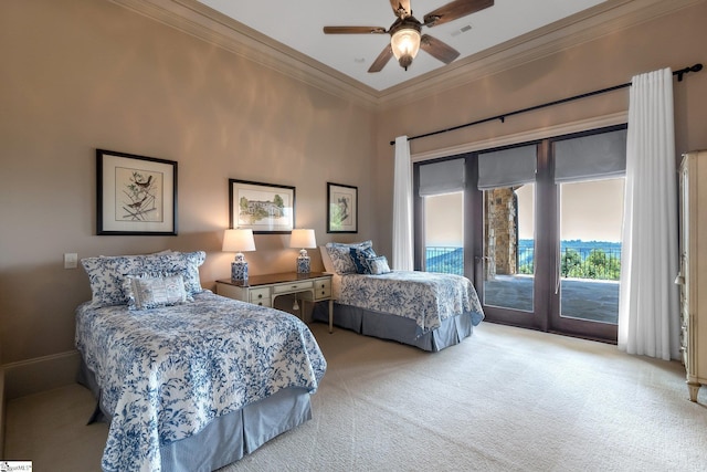 58 Wild Ginger Rd, Landrum, SC 29356 - bedroom featuring carpet, access to outside, ornamental molding, a ceiling fan, and a towering ceiling