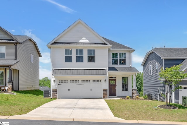 115 River Trace Loop, Simpsonville, SC 29680 - craftsman house featuring a standing seam roof, a front yard, concrete driveway, and metal roof