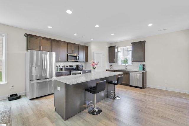 115 River Trace Loop, Simpsonville, SC 29680 - kitchen with stainless steel appliances, a kitchen island, tasteful backsplash, dark brown cabinetry, and recessed lighting