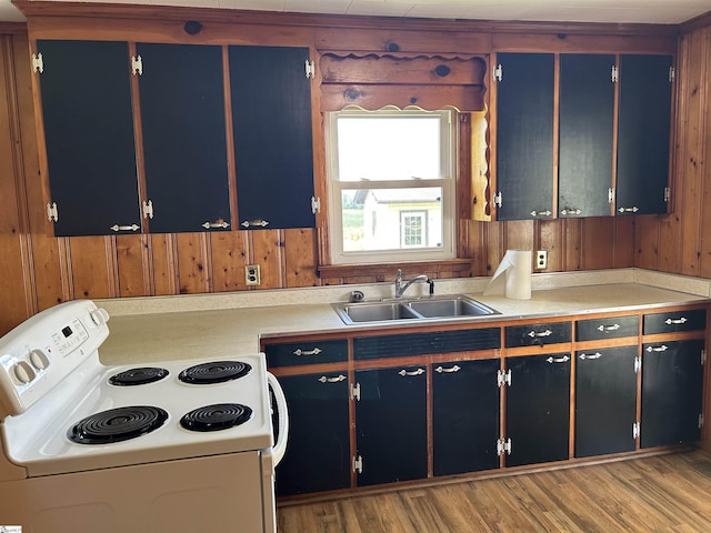 325 Byrnes St, Joanna, SC 29351 - kitchen with white range with electric stovetop, a sink, blue cabinetry, light countertops, and wood walls