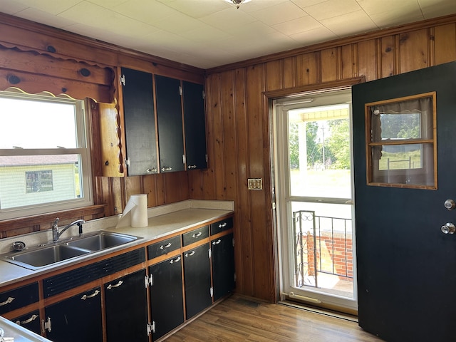 325 Byrnes St, Joanna, SC 29351 - kitchen featuring a sink, wood walls, light countertops, and light wood-style floors