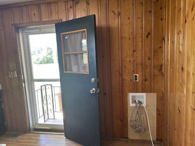 325 Byrnes St, Joanna, SC 29351 - doorway to outside featuring wooden walls and wood finished floors