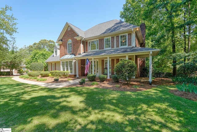 201 Woodridge Dr, Spartanburg, SC 29301 - view of front facade featuring a chimney, a front lawn, covered porch, and brick siding