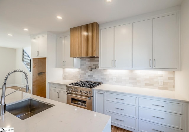11 Stall St, Greenville, SC 29609 - kitchen with high end stainless steel range oven, a sink, recessed lighting, backsplash, and white cabinetry