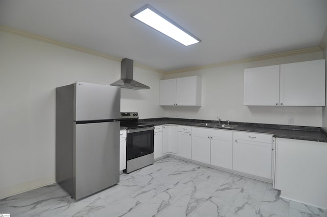 105 S Oakleaf Dr, Landrum, SC 29356 - kitchen with wall chimney range hood, stainless steel appliances, a sink, light marble finish floors, and crown molding