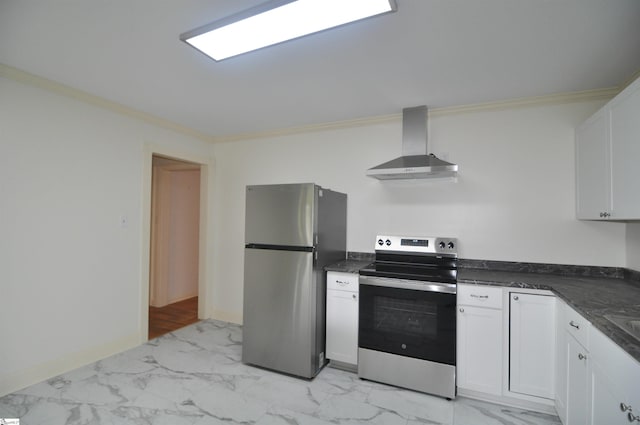 105 S Oakleaf Dr, Landrum, SC 29356 - kitchen with stainless steel appliances, wall chimney range hood, light marble finish flooring, crown molding, and white cabinetry