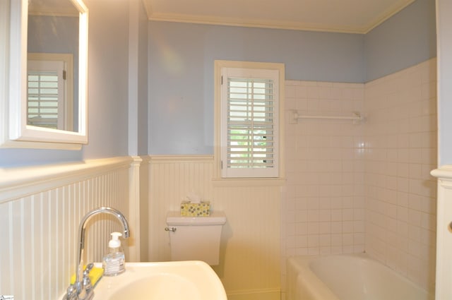 105 S Oakleaf Dr, Landrum, SC 29356 - bathroom with toilet, wainscoting, a sink, crown molding, and shower / tub combination