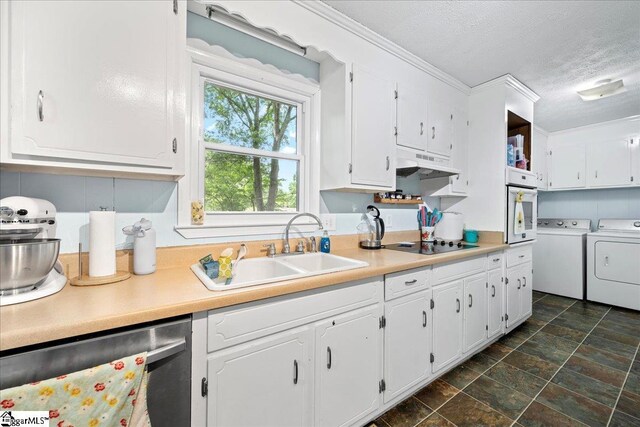 116 Kennedy St, Easley, SC 29642 - kitchen featuring independent washer and dryer, a sink, under cabinet range hood, dishwasher, and white cabinetry