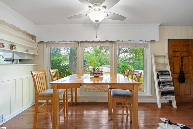 2807 Bellview Rd, Anderson, SC 29621 - dining room featuring ornamental molding, plenty of natural light, wood finished floors, and ceiling fan