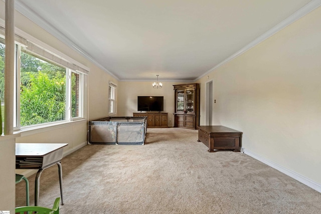2807 Bellview Rd, Anderson, SC 29621 - unfurnished living room with a chandelier, carpet flooring, ornamental molding, and baseboards