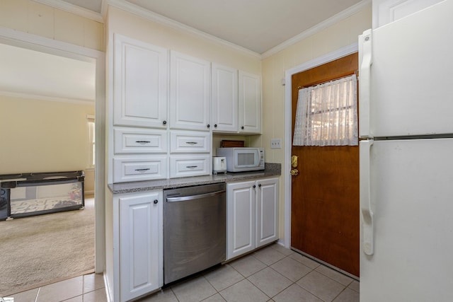 2807 Bellview Rd, Anderson, SC 29621 - kitchen with white appliances, light tile patterned floors, crown molding, white cabinetry, and light colored carpet