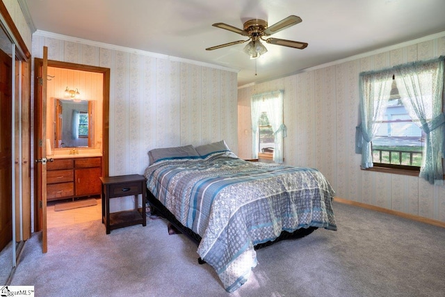 345 P Cromer Rd, Abbeville, SC 29620 - carpeted bedroom featuring ornamental molding, ceiling fan, baseboards, and connected bathroom