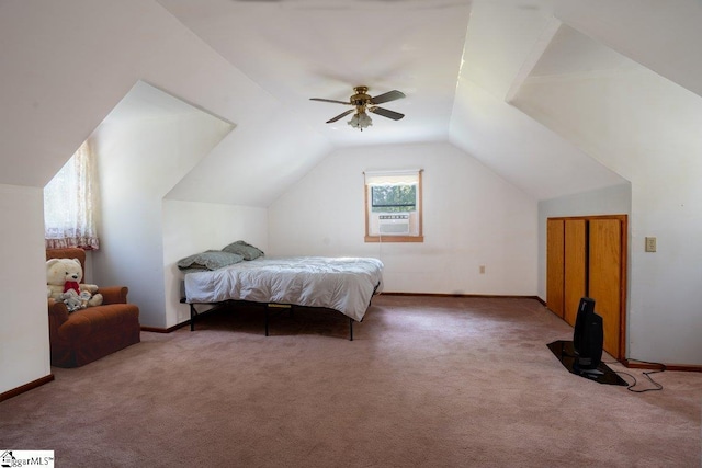 345 P Cromer Rd, Abbeville, SC 29620 - bedroom featuring carpet floors, vaulted ceiling, cooling unit, baseboards, and a ceiling fan