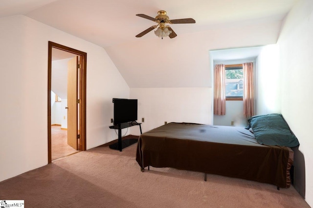 345 P Cromer Rd, Abbeville, SC 29620 - bedroom with light colored carpet, vaulted ceiling, and ceiling fan