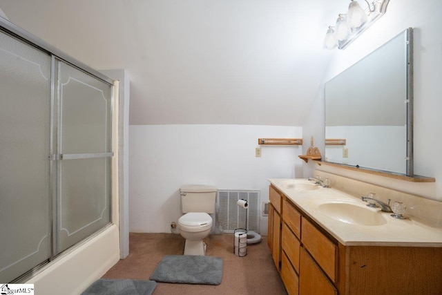 345 P Cromer Rd, Abbeville, SC 29620 - full bathroom with double vanity, toilet, vaulted ceiling, and enclosed tub / shower combo