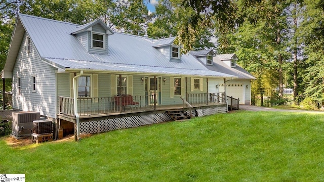 345 P Cromer Rd, Abbeville, SC 29620 - new england style home with a porch, a garage, a front yard, metal roof, and cooling unit