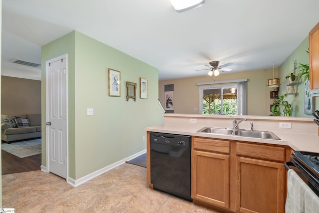 9 Hollow Tree Way, Greenville, SC 29605 - kitchen featuring black appliances, a sink, light countertops, a peninsula, and a ceiling fan