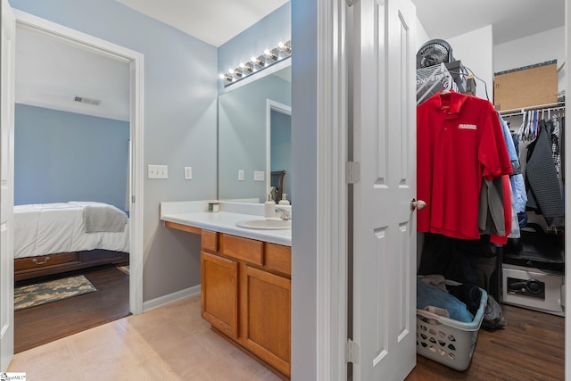 9 Hollow Tree Way, Greenville, SC 29605 - bathroom with vanity, a walk in closet, baseboards, ensuite bath, and wood finished floors